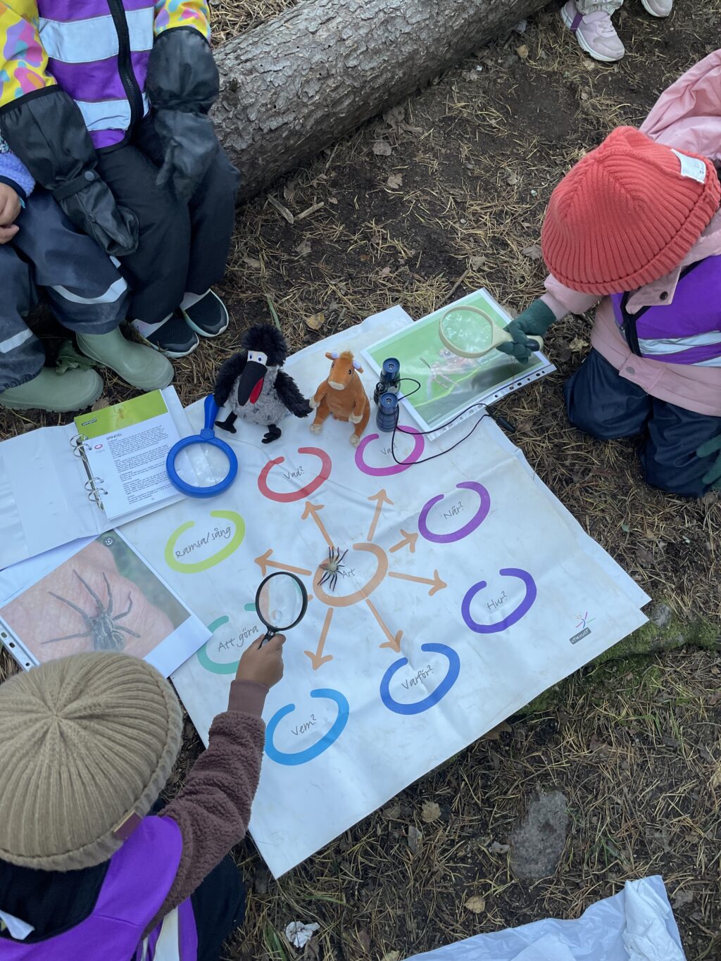 Förskolan Piazzan i Kallhäll gick ut i skogen tillsammans med barnen. Mamma Mu och Kråkan fick följa med.